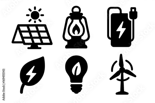 Eco-friendly renewable energy icon set. Solar panel, wind turbine, power bank, green power symbols. Vector silhouette pictogram collection for sustainability & ecology concept.