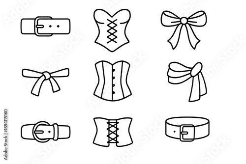 Fashion accessory line icon set with belts, corsets, sashes, and bows. Outline vector collection for apparel design. Simple black linear pictograms for clothing and style.