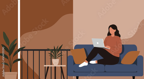 Woman comfortably working from home on her laptop, enjoying a relaxed digital lifestyle in a cozy apartment setting.