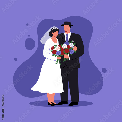 Happy newlywed couple, a bride in a white dress and a groom in a suit, holding colorful bouquets. Symbolizing love, marriage, and celebration.