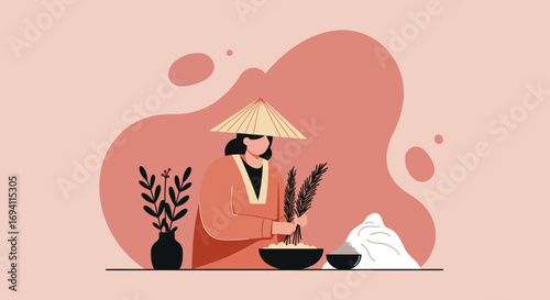 Woman in a traditional conical hat preparing fresh harvest, symbolizing agriculture, sustainable living, and cultural food traditions. Ideal for lifestyle and food concepts.