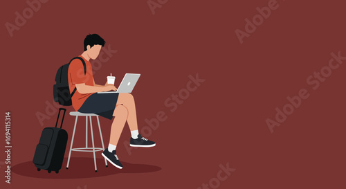 Young person working remotely on a laptop with a coffee cup, backpack, and luggage. Ideal for concepts of travel, digital nomad, education, or modern lifestyle.