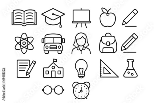 Education and school outline icon set. Learning, classroom, study, supplies collection. Vector icons for university, knowledge, science, student life. Back to school symbols.