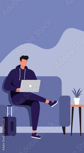 Man using a laptop on a comfortable sofa with luggage, illustrating remote work, travel, and the modern digital nomad lifestyle or business trip.