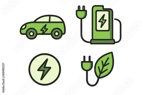 Electric vehicle charging icon set for sustainability. Green energy and eco friendly transport symbols. EV car, charger station, power plug and leaf logo for clean mobility. Vector.
