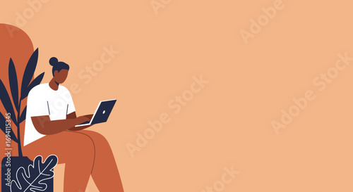 Person working remotely on a laptop in a comfortable, modern setting, ideal for concepts of freelancing, online education, or digital lifestyle.