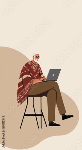 A stylish senior man in a traditional poncho works comfortably on his laptop, embodying lifelong learning, digital connectivity, and modern remote lifestyle.