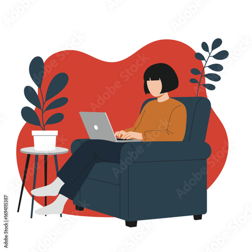 Woman working remotely on laptop in a comfortable armchair at home, representing flexibility, modern lifestyle, and productivity.