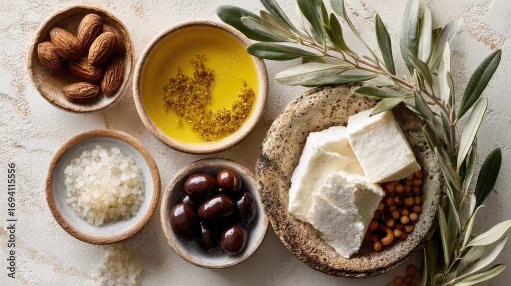 Fototapeta premium Assorted fresh ingredients including olives, cheese, almonds, olive oil, and sea salt are artfully arranged on a textured surface, suggesting a Mediterranean culinary theme