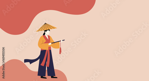 A minimalist illustration of a person in traditional East Asian attire and a conical hat, holding a staff. Evokes cultural heritage, travel, and serene exploration. Ideal for design.