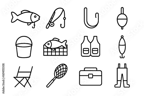 Fishing line icon set for angling hobby. Outdoor activity gear symbols. Vector collection with fish, rod, hook, worm, bobber, bucket, vest, net, chair, tackle box, waders.