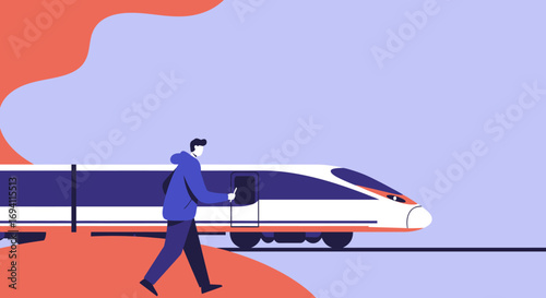Traveler walking past a modern high-speed train at a station, representing efficient public transport and contemporary urban commuting or business journeys.