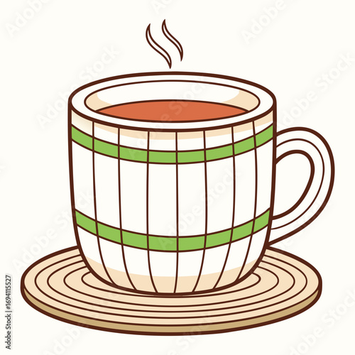 Charming hand-drawn vector illustration of a cozy wooden barrel mug with hot beverage steaming white background