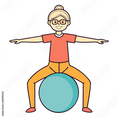 Cheerful elderly woman with blonde hair practicing yoga on a stability ball vector illustration white background