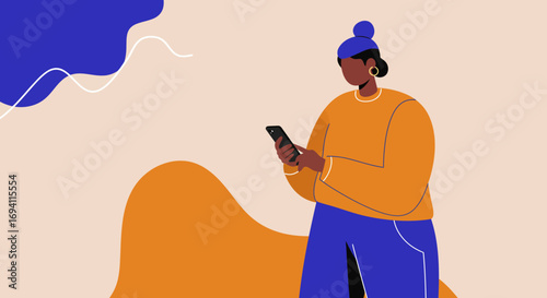 Contemporary illustration of a woman actively engaging with her smartphone, symbolizing digital connectivity, social networking, and modern communication.