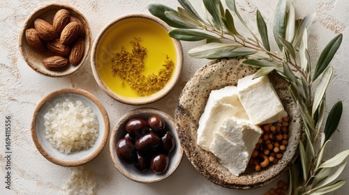 Wallpaper Mural Assorted fresh ingredients including olives, cheese, almonds, olive oil, and sea salt are artfully arranged on a textured surface, suggesting a Mediterranean culinary theme Torontodigital.ca