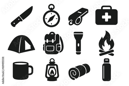 Camping and hiking essentials icon set. Vector silhouettes of survival gear like knife, compass, tent, backpack, campfire. Outdoor adventure and travel equipment symbols.