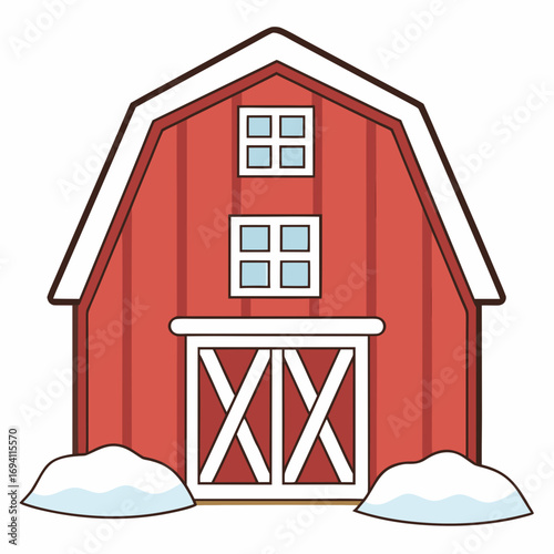 Charming vibrant red barn with steep snow-dusted roof illustration vector scalable eps icon white background