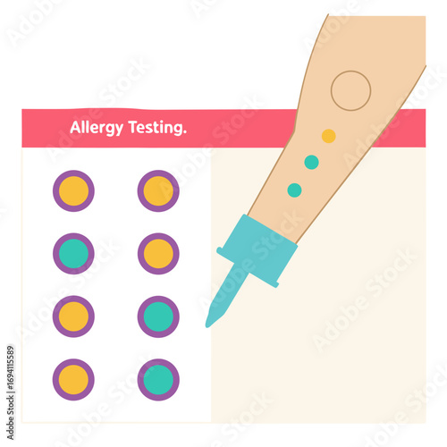 Allergy testing vector illustration demonstrating skin prick test procedure and results white background