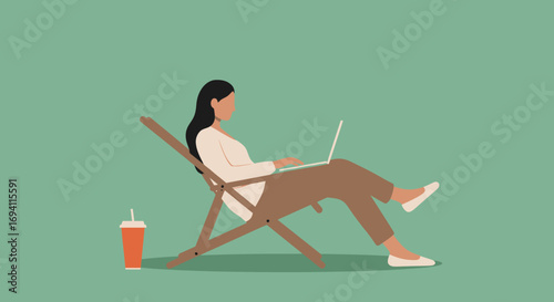 A woman works remotely on her laptop while relaxing in a deck chair, embodying flexible work, freelancing, and digital lifestyle. Ideal for business and leisure concepts.