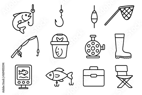 Fishing and angling line icon set. Outdoor hobby and recreation equipment symbols. Includes fish, hook, rod, reel, lure, net, float, waders, tackle box, and fish finder.