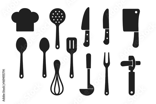 Kitchen utensils icon set. Black silhouette vector collection of cooking tools. Culinary equipment for food preparation: knife, spoon, fork, ladle, spatula, whisk, cleaver.
