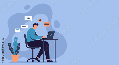 Man working on laptop at desk, surrounded by communication and task icons. Represents remote work, online productivity, and digital lifestyle.