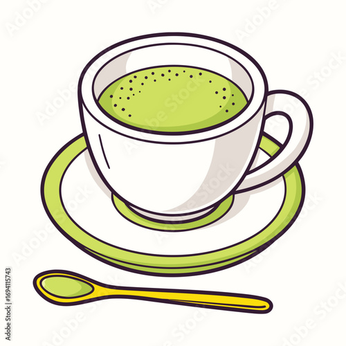 Stylized hand-drawn illustration of a white ceramic cup filled with green tea and a spoon white background