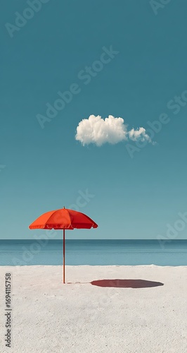 A vibrant red umbrella stands on a white sand beach under a clear blue sky with a single cloud