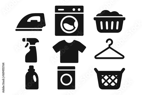 Laundry service icon set. Black minimalist silhouette symbols. Washing machine, iron, clothes basket, detergent. Vector illustration for house chores and cleaning concepts.