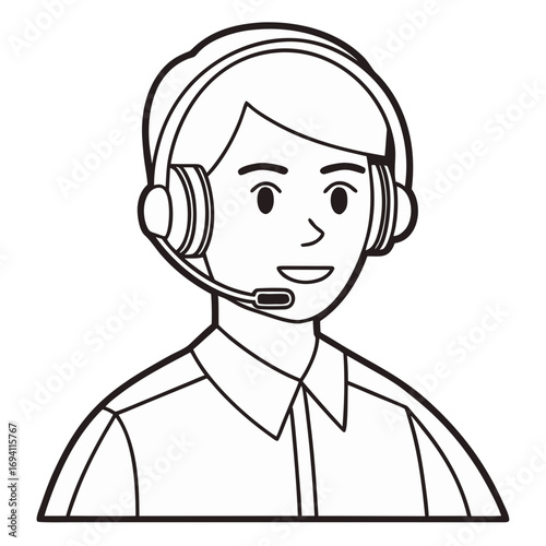 Stylized minimalist line art vector illustration of a friendly person wearing a headset for customer service and support white background