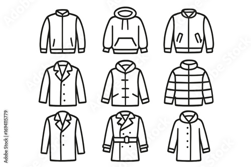 Fashion clothing outline icon set. Jackets, coats, and hoodies linear icons collection. Outerwear apparel vector symbols. Bomber, puffer, trench coat, and parka line art.