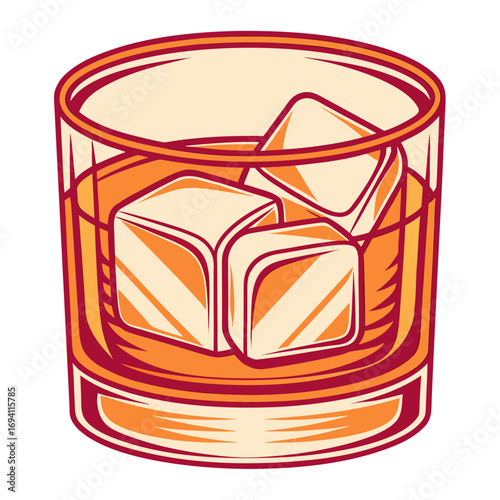 Stylized vibrant illustration of a glass tumbler filled with whiskey and ice cubes white background