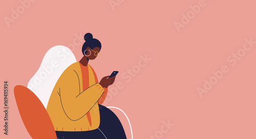 Young woman focused on her smartphone, engaging with digital content. Ideal for concepts of communication, technology, social media, and online lifestyle.