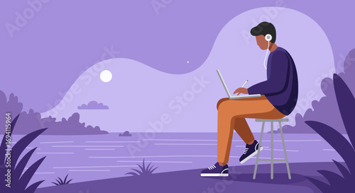 Young man works remotely on a laptop with headphones outdoors by a serene lake under a moonlit sky. Represents freelance, creativity, and digital nomad lifestyle.