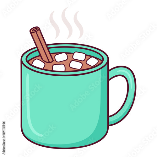 Vibrant teal mug filled with steaming hot chocolate and marshmallows vector illustration white background
