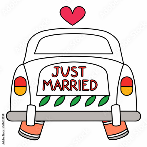 Whimsical hand drawn vector illustration of a white vintage car declaring just married with heart white background