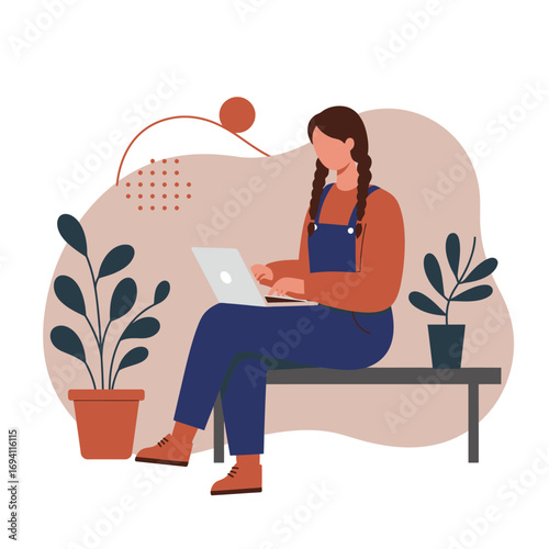 Woman with braided hair working remotely on a laptop in a casual setting. Represents freelance work, online education, or modern lifestyle productivity.