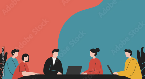 Diverse team of professionals collaborating and working together in a modern, minimalist office setting. Ideal for business, technology, and corporate concepts.