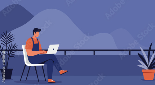 Man working on laptop on a balcony with mountain view, embodying remote work and digital lifestyle. Ideal for themes of productivity, freedom, and modern business.