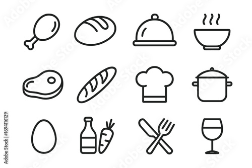 Food and dining line icon set. Culinary essentials, cooking, restaurant and kitchen linear icons. Meat, bread, soup, chef hat, pot, egg, groceries, cutlery vector collection.