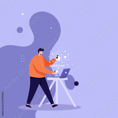 A focused man interacts with quantum technology, using a laptop and smartphone to visualize complex data. Represents innovation, future computing, and advanced scientific research.