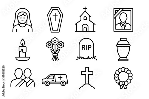 Funeral memorial outline icon set. Death, mourning, and cemetery ceremony symbols. Line art vector illustration with coffin, gravestone, urn, church, wreath, and hearse.