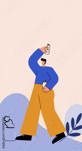 Man collecting or saving items in jars, symbolizing personal finance, resource management, or eco-friendly living in a minimalist setting.