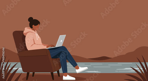 Person comfortably working on a laptop outdoors by a serene lake and mountains, symbolizing remote work, freedom, and a balanced lifestyle.
