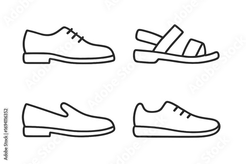 Footwear outline icon set. Shoes, sandals, loafers, sneakers in line art style. Vector illustration. Fashion collection. Man and woman shoes. Classic and casual footwear.