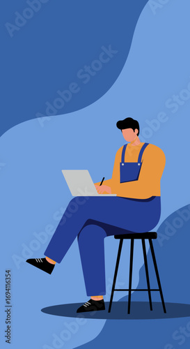 Man in blue overalls working on a laptop with a pen, sitting on a stool against a modern blue background. Represents remote work, education, or creative tasks.