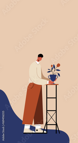Stylish person carefully arranging a potted plant on a stand in a minimalist modern interior. Represents home decor, urban gardening, and a serene lifestyle.