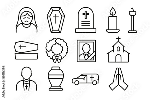 Christian funeral and memorial line icon set. Death, grief and mourning ceremony symbols. Vector collection with coffin, tombstone, church, urn, priest, wreath, praying hands.