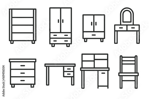 Furniture line icon set. Home and office interior design elements. Vector outline symbols for cabinet, desk, chair, wardrobe, shelf, drawer, and dressing table.